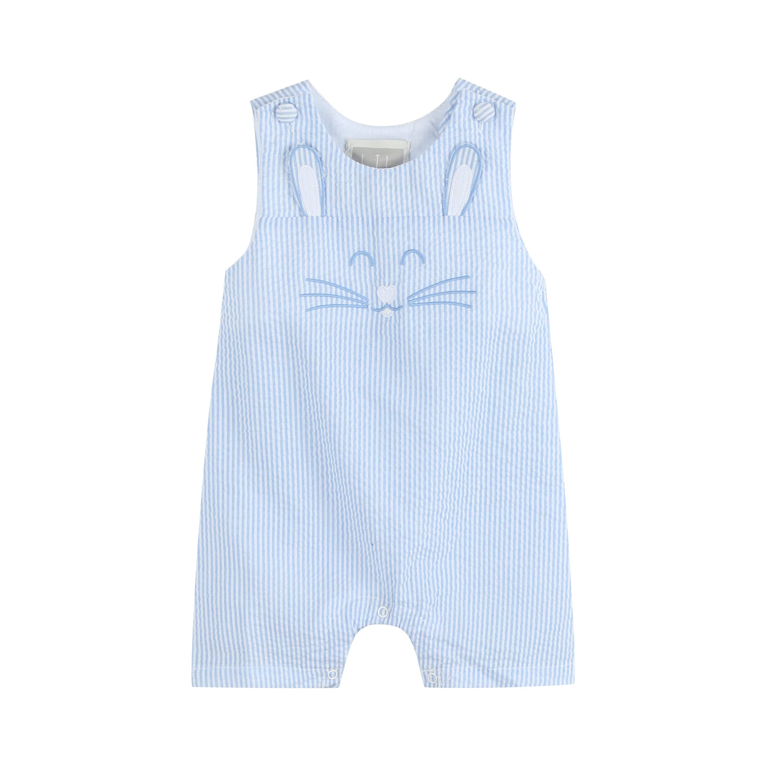 Blue Seersucker Bunny Face Shortalls