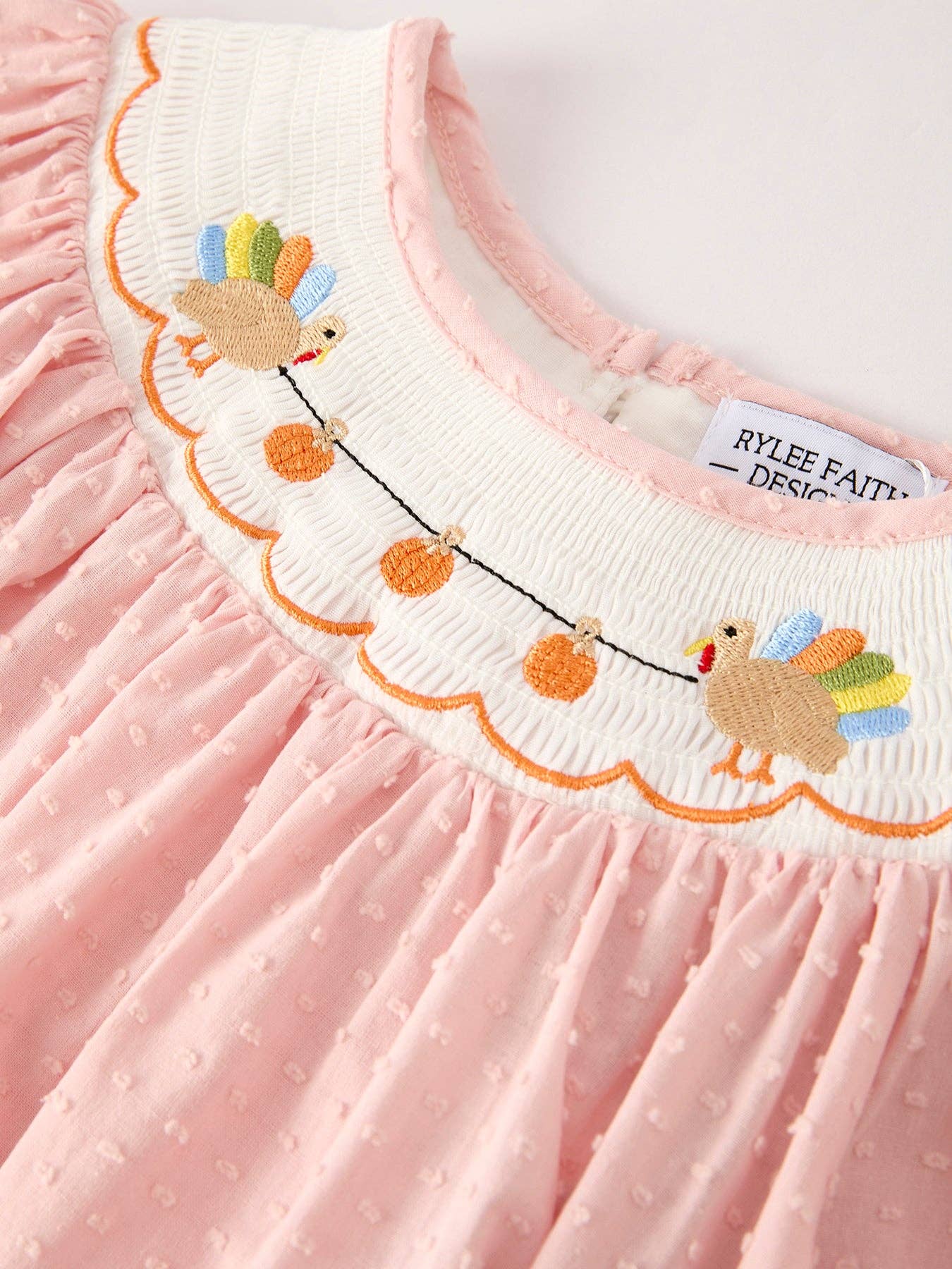 Fall Thanksgiving Turkey & Pumpkin Smock Embroidery Toddler Girl Dress
