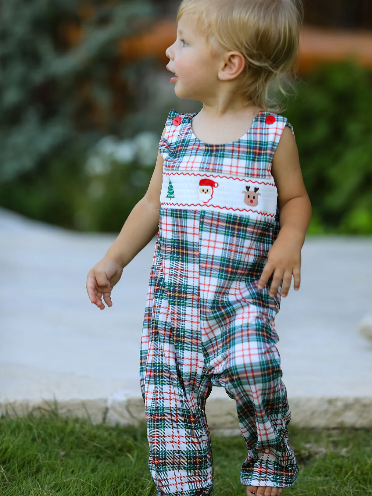 Christmas Jonjon Plaid Smocking Embroidered Boys Romper
