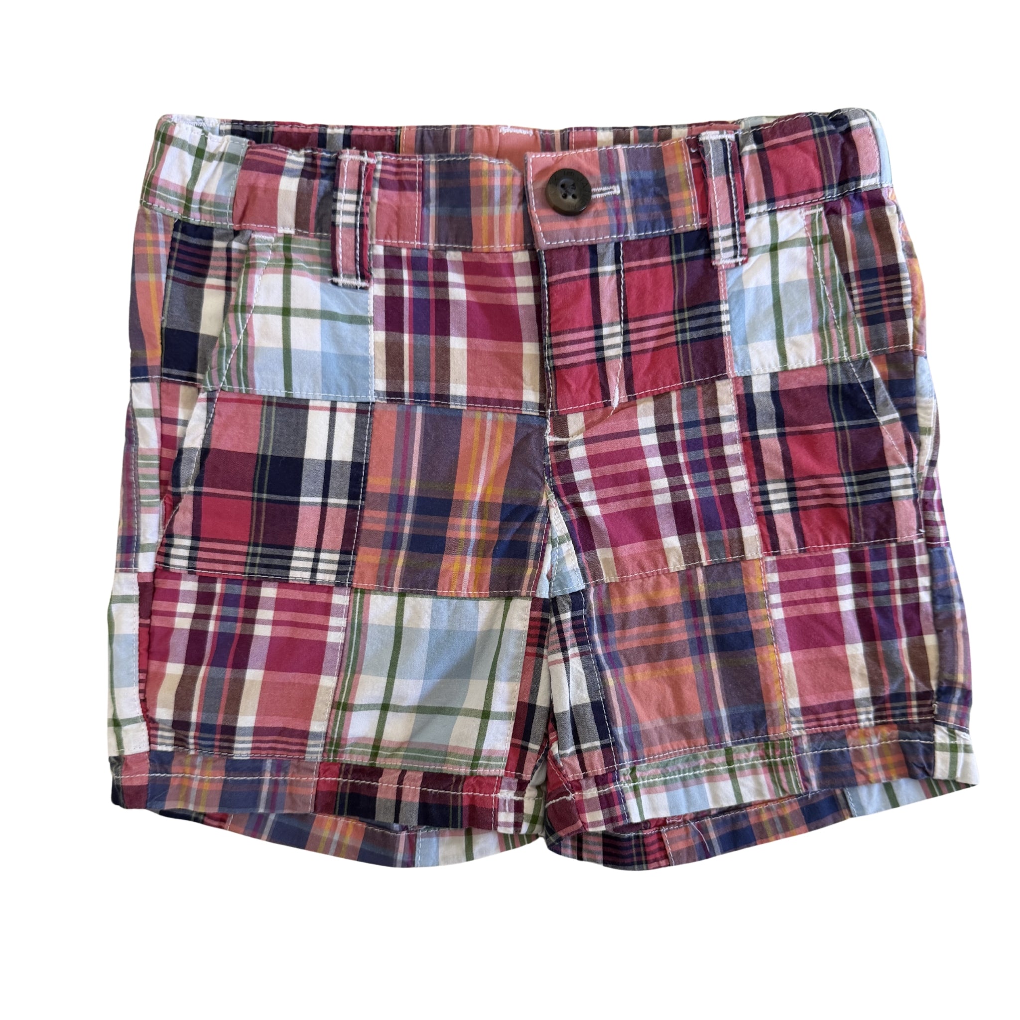 Plaid shorts with a button on a white background