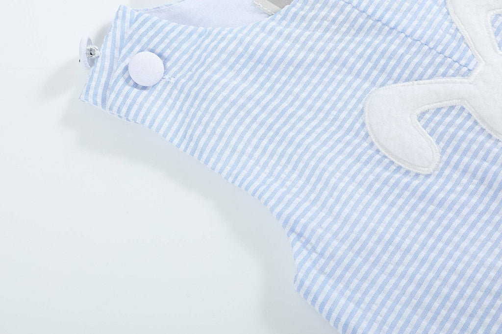 Light Blue Seersucker Pom Pom Bunny Shortalls