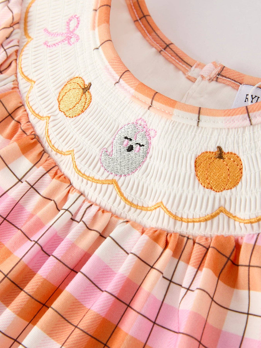 Pumpkin Bow Ghost Smock Embroidered Plaid Girls Dress