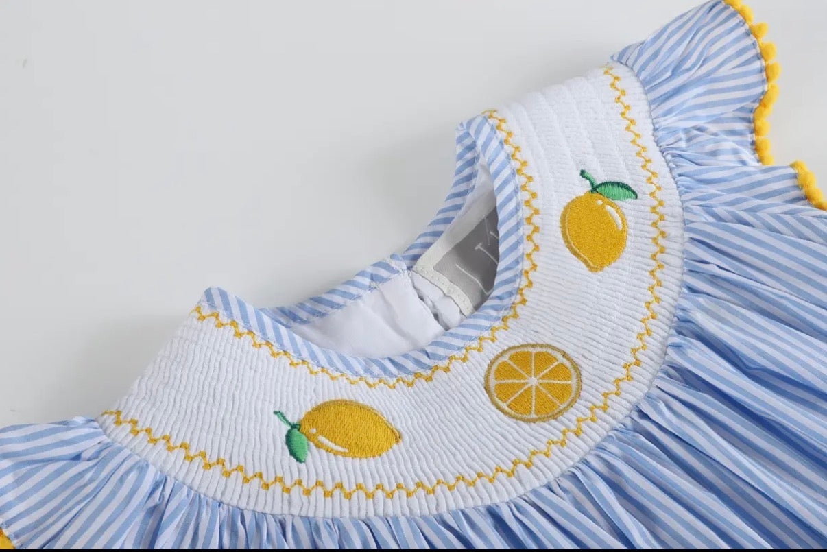 Light Blue Striped Lemon Smocked Bishop Dress