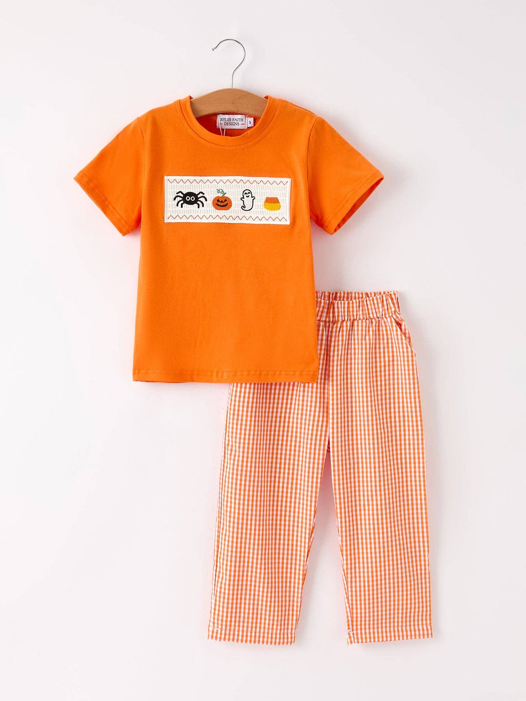 Fall Halloween Orange Pumpkin Ghost Spider Smock Embroidery Boy Set