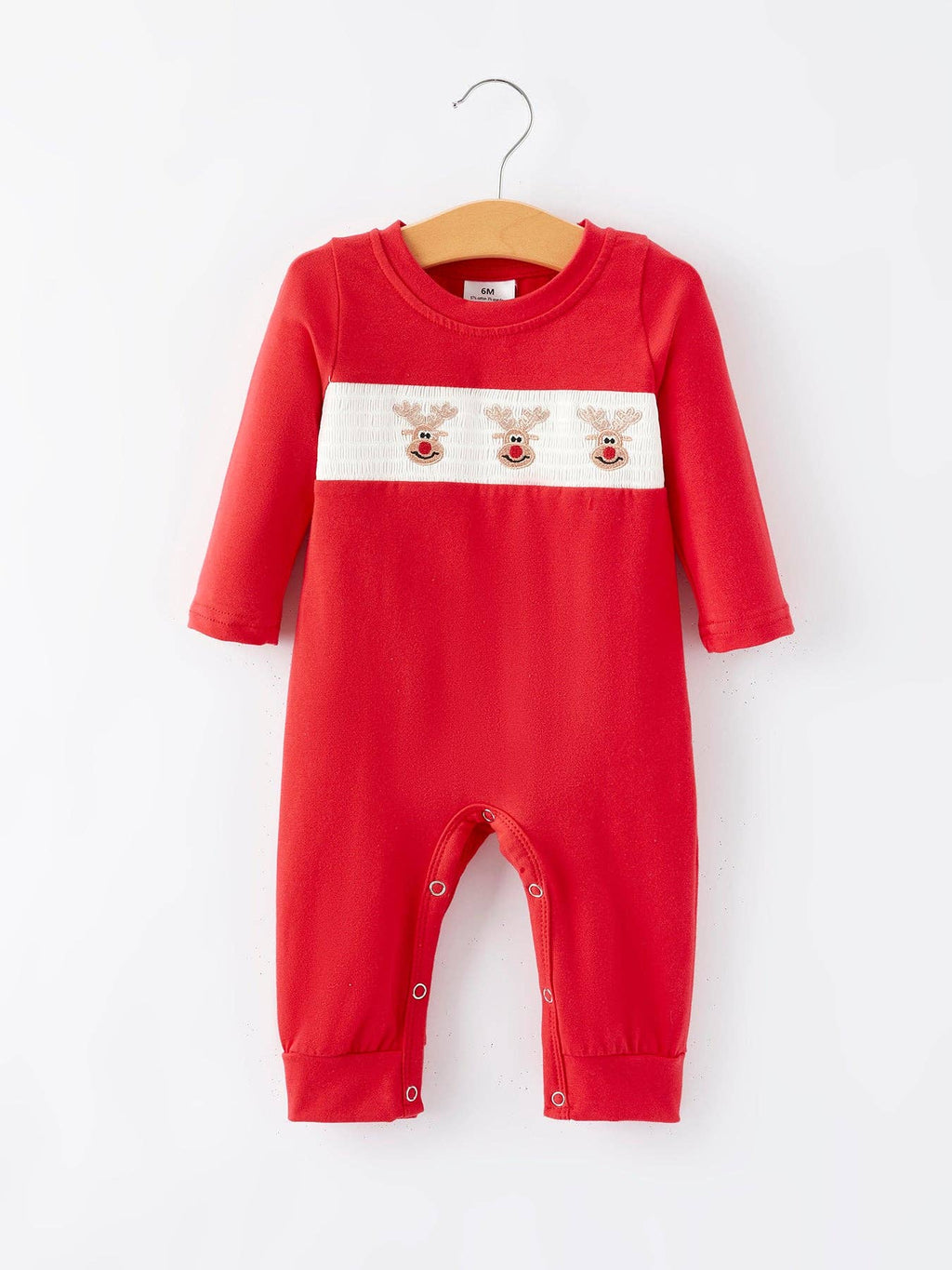Christmas Red Reindeer Smocking Embroidery Boys Romper