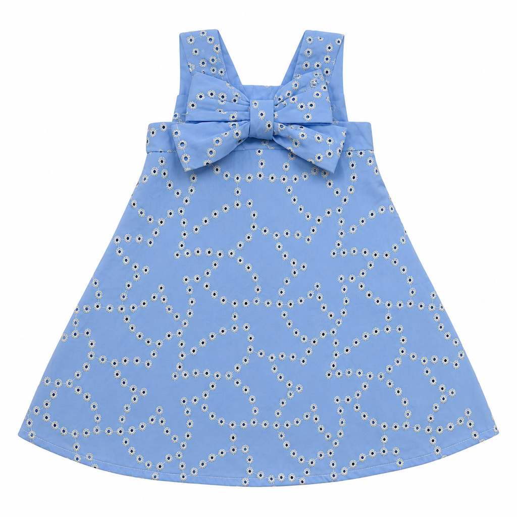 Girls Blue Eyelet Bow Dress