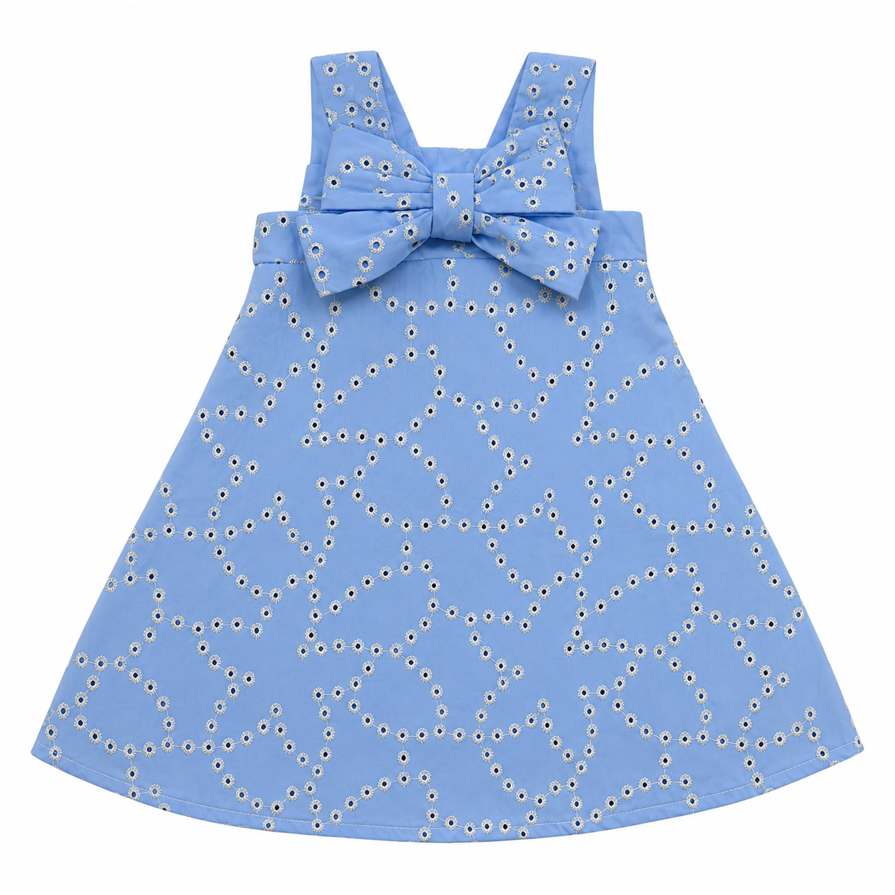 Girls Blue Eyelet Bow Dress