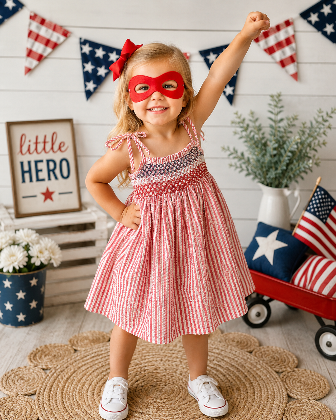 Girls Red, White & Blue Seersucker Smocked Dress