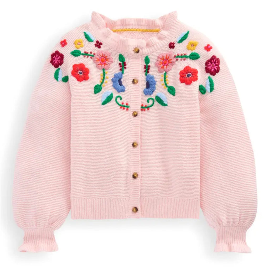 Mini Boden Girls' Floral Embroidered Balloon Sleeve Cotton Cardigan