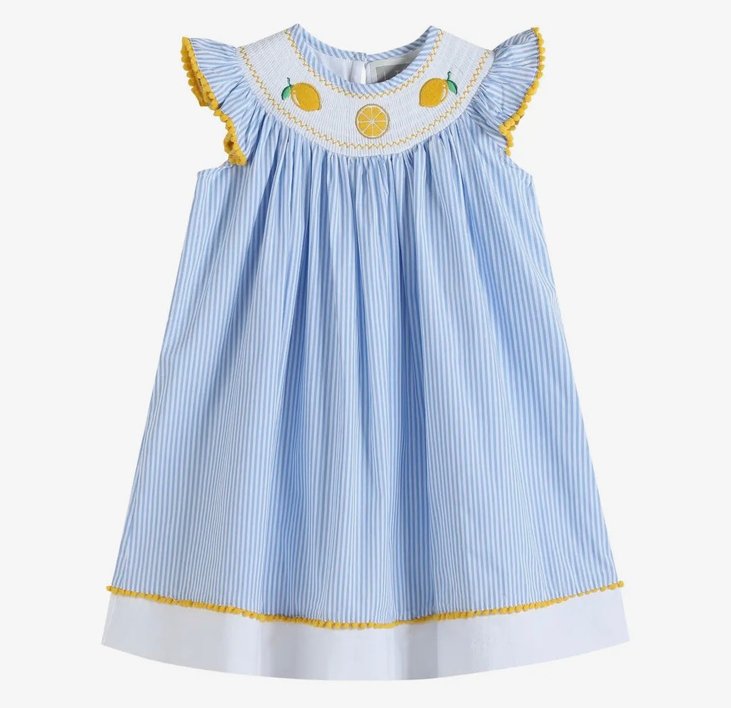 Light Blue Striped Lemon Smocked Bishop Dress