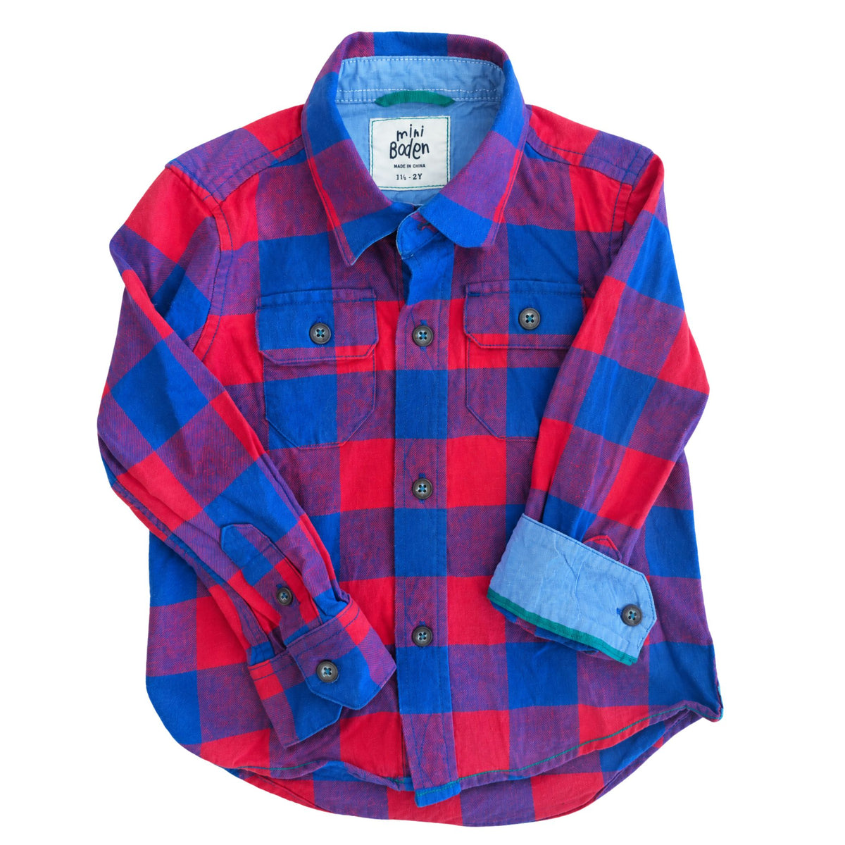 Mini Boden Red & Blue Buffalo Check Button-Down Shirt