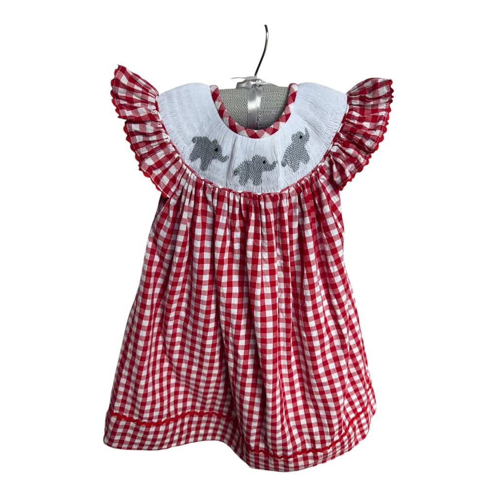 White & Red Smocked Elephant Bishop Dress