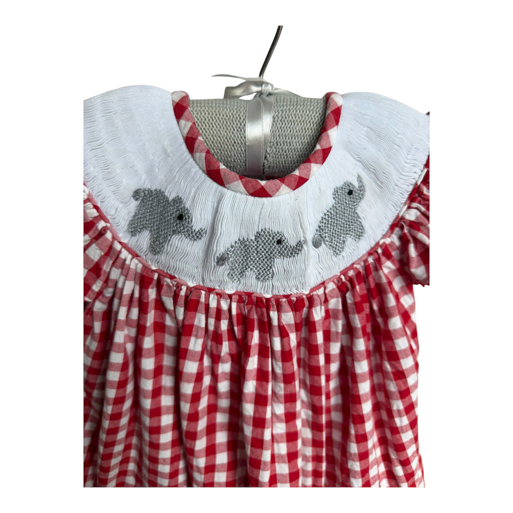 White & Red Smocked Elephant Bishop Dress