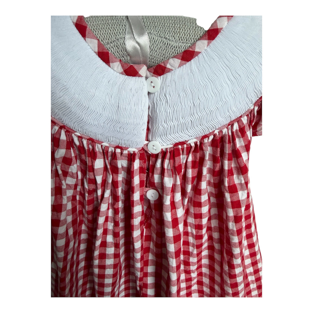 White & Red Smocked Elephant Bishop Dress