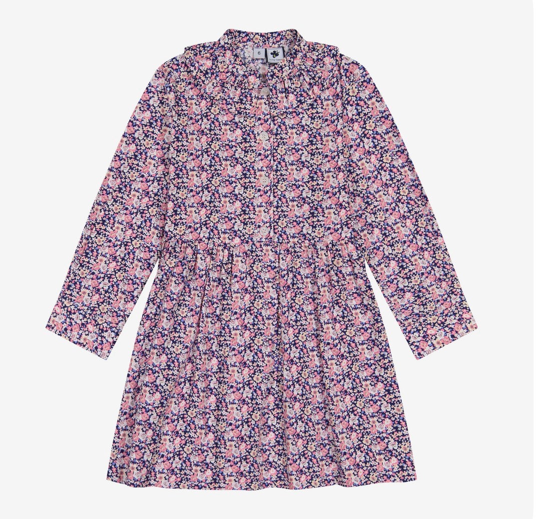 Toddler Girl Ruffle Neck Shirtdress Mini Pink Navy Floral