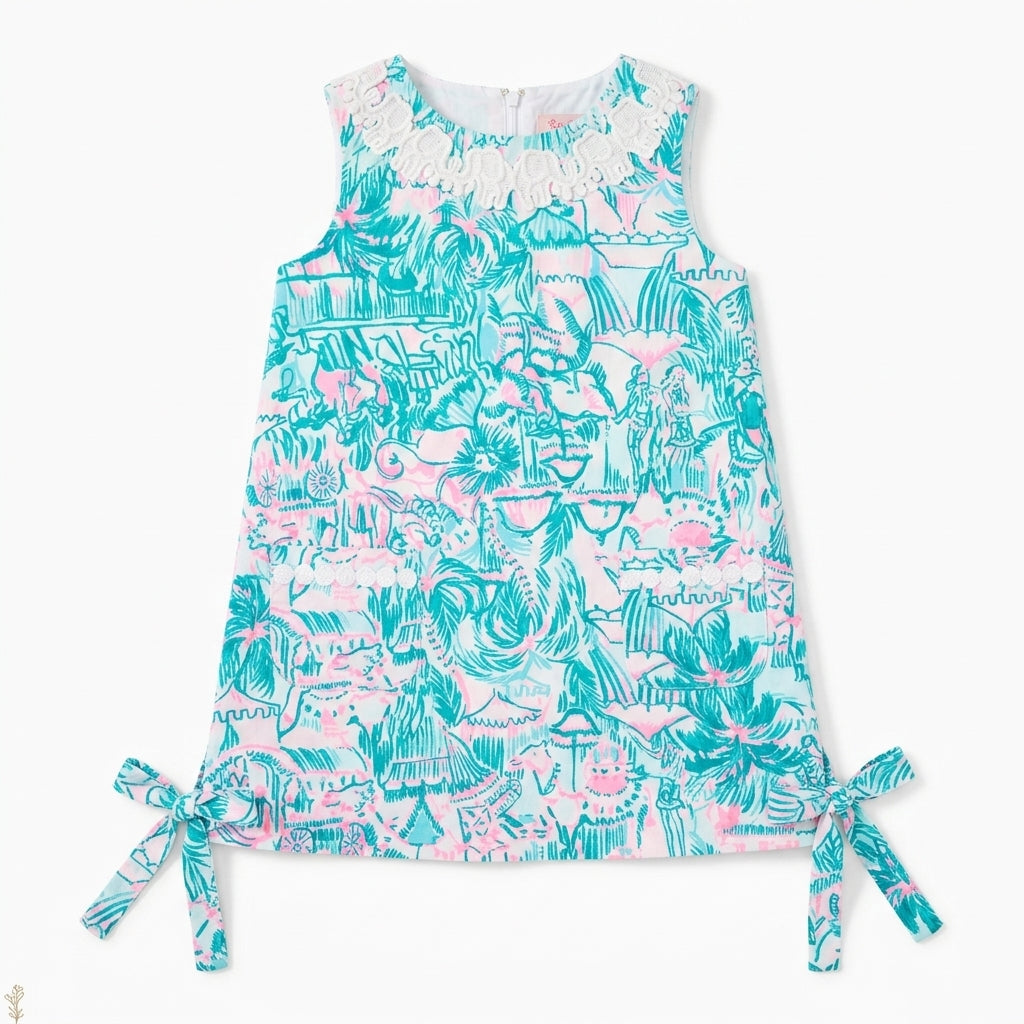 Children's sleeveless dress with a colorful pattern on a white background