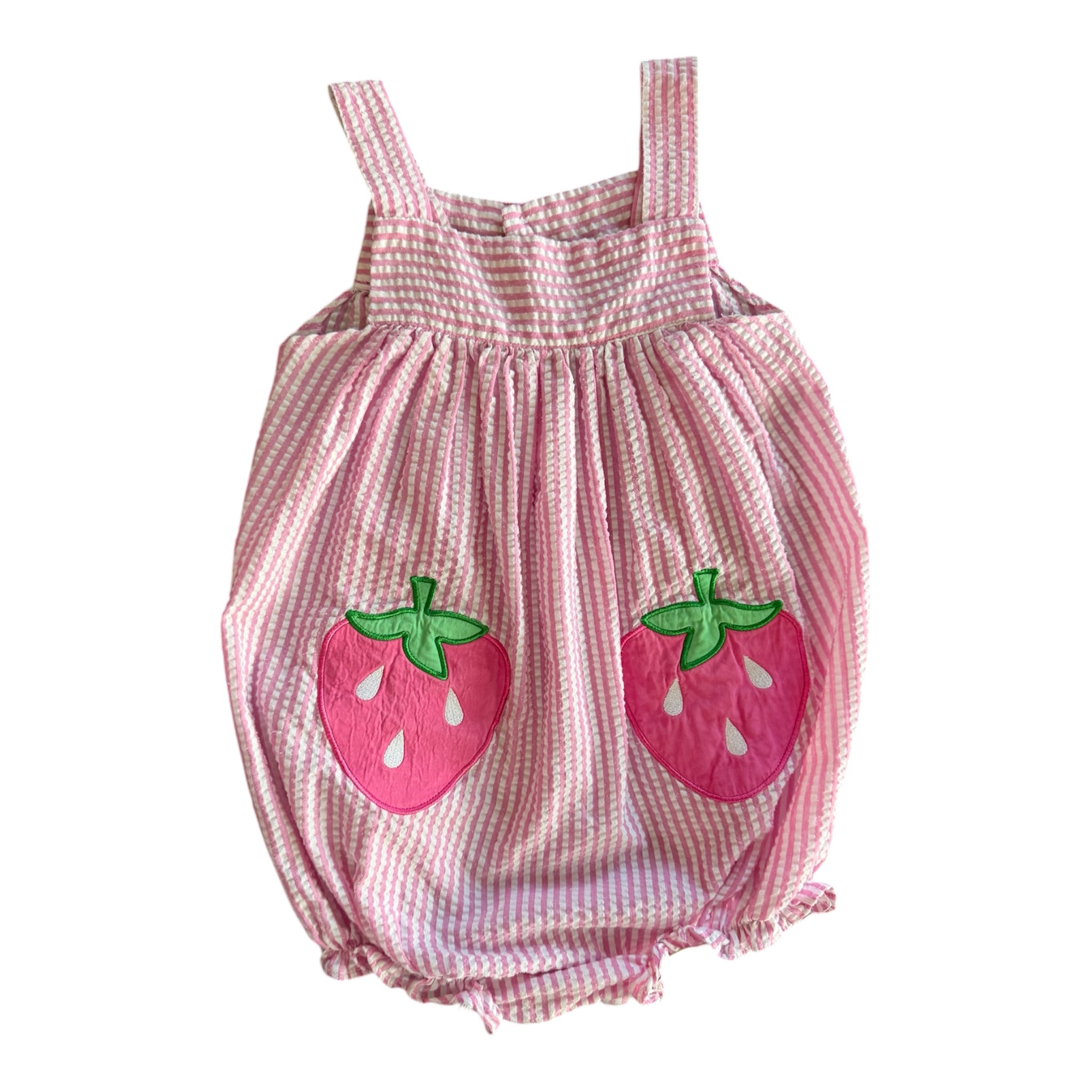 Toddler Girl Seersucker with Strawberry Detail Bubble Romper