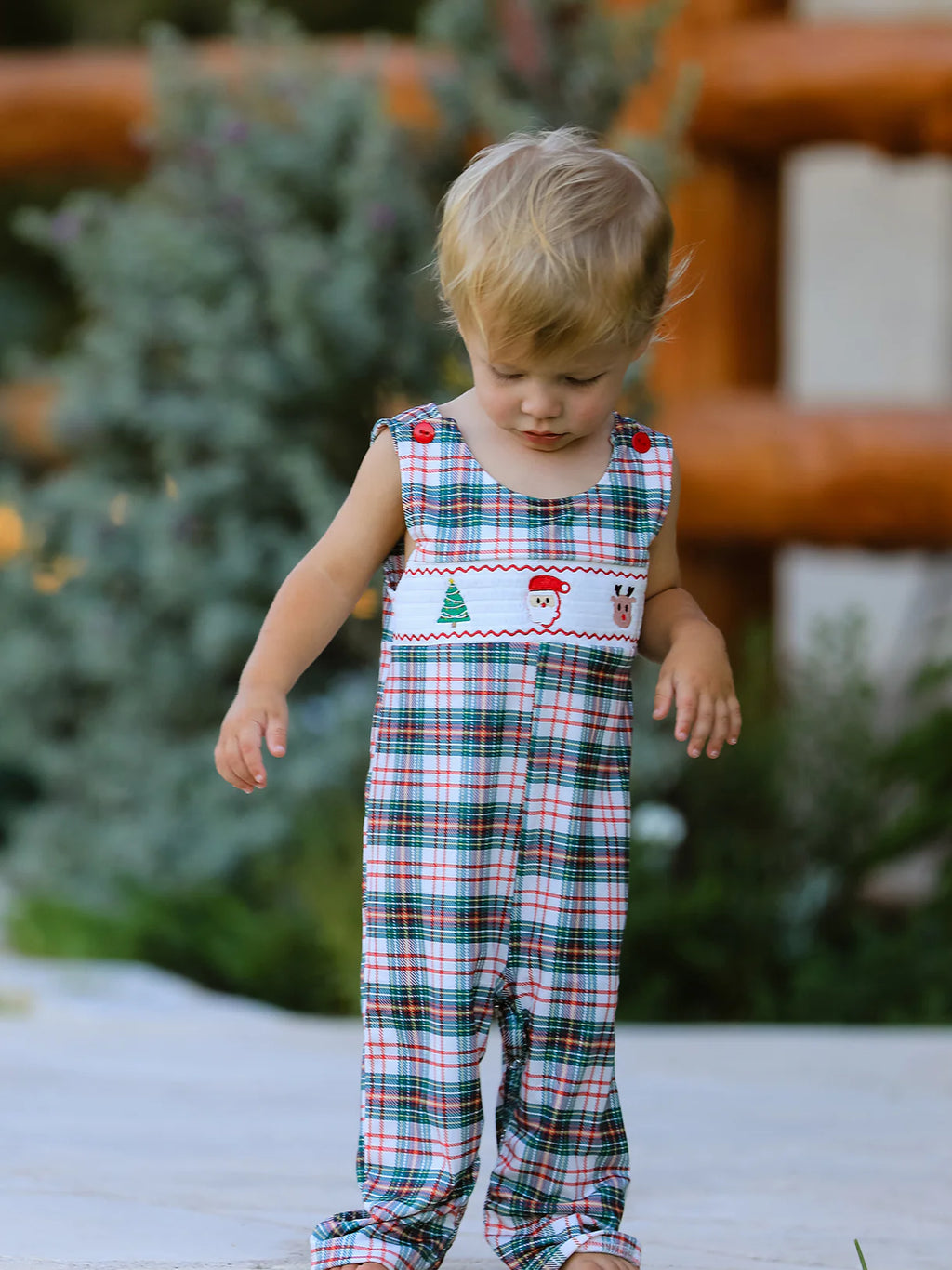 Christmas Jonjon Plaid Smocking Embroidered Boys Romper