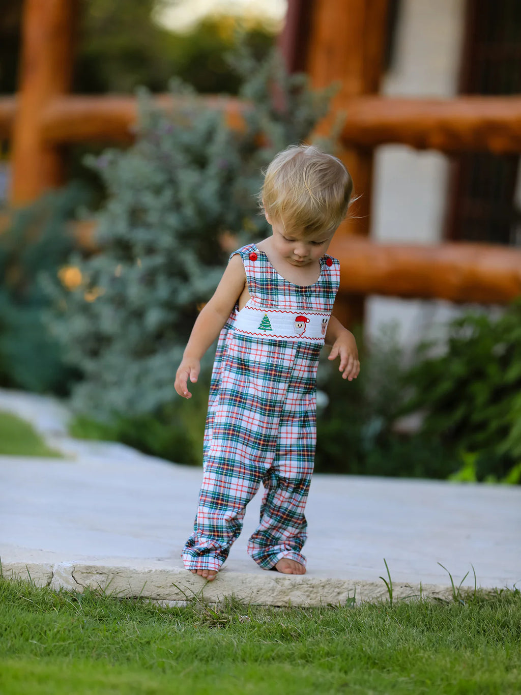 Christmas Jonjon Plaid Smocking Embroidered Boys Romper