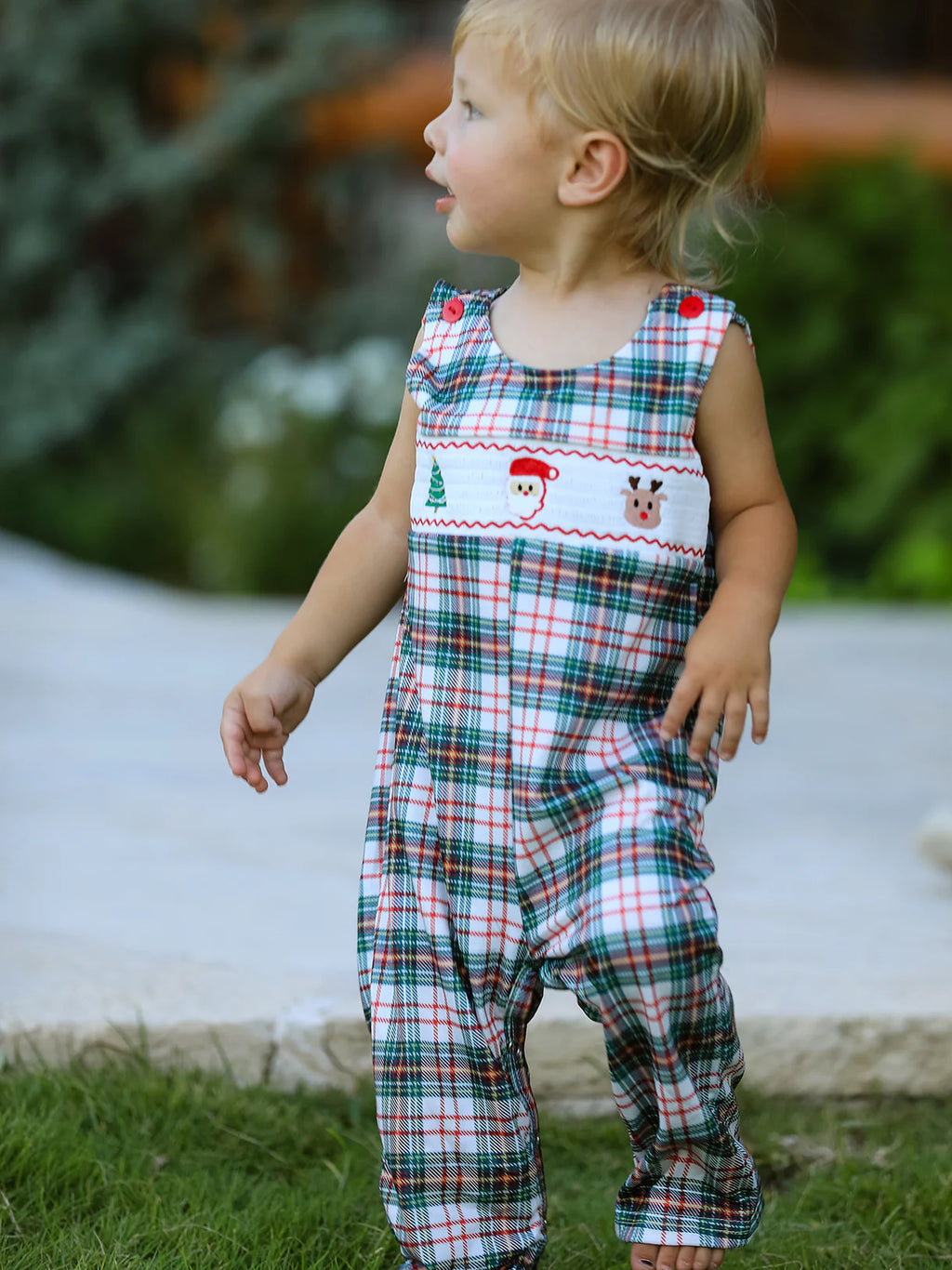 Christmas Jonjon Plaid Smocking Embroidered Boys Romper