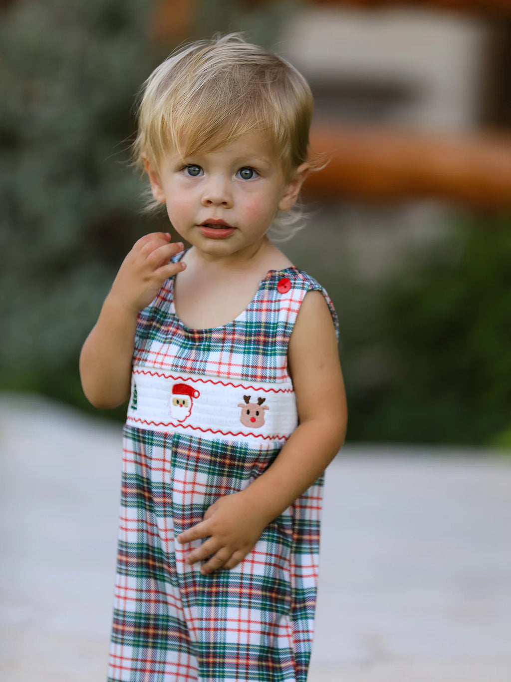 Christmas Jonjon Plaid Smocking Embroidered Boys Romper