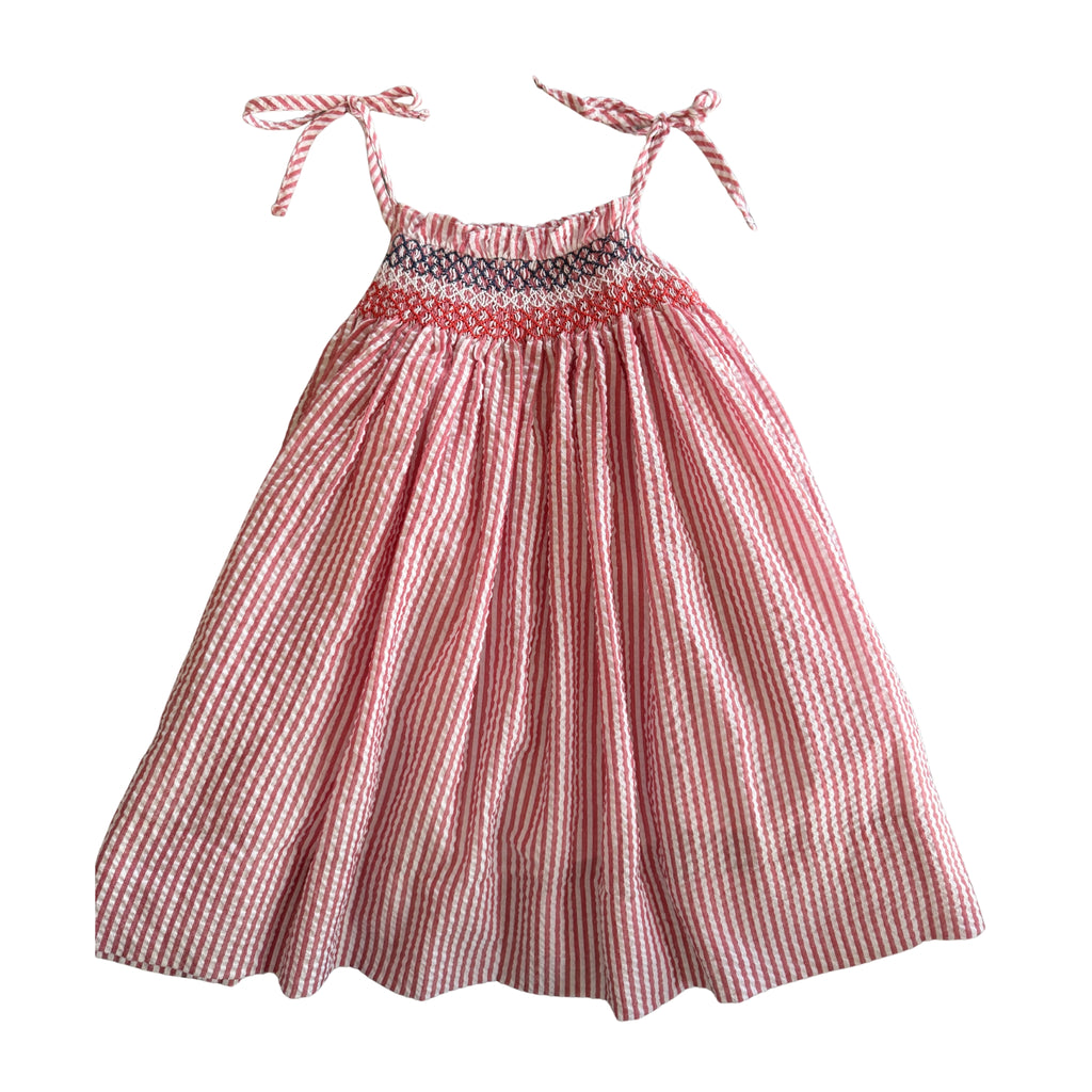 Girls Red, White & Blue Seersucker Smocked Dress
