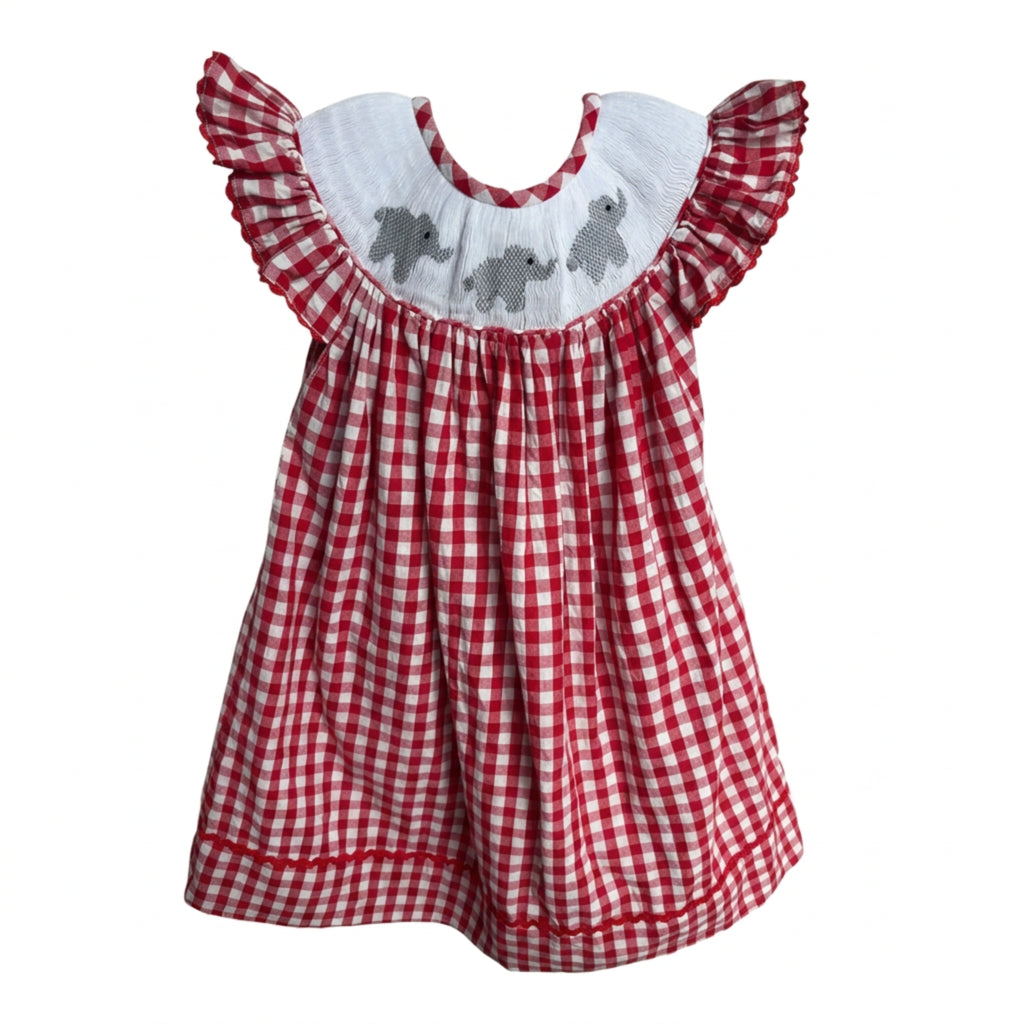White & Red Smocked Elephant Bishop Dress