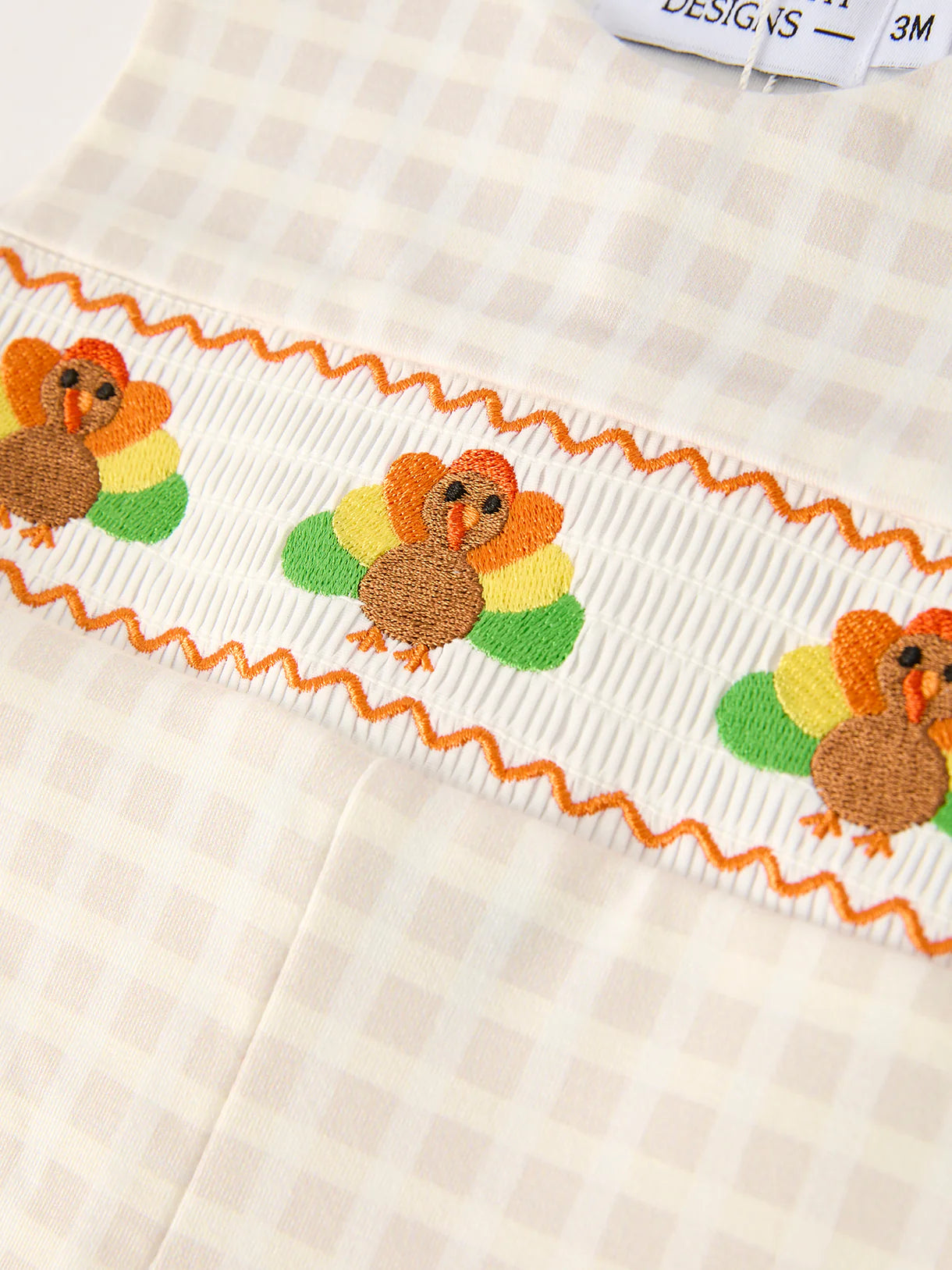 Fall Thanksgiving Apricot Plaid Turkey Embroidery Smocking Boys Romper