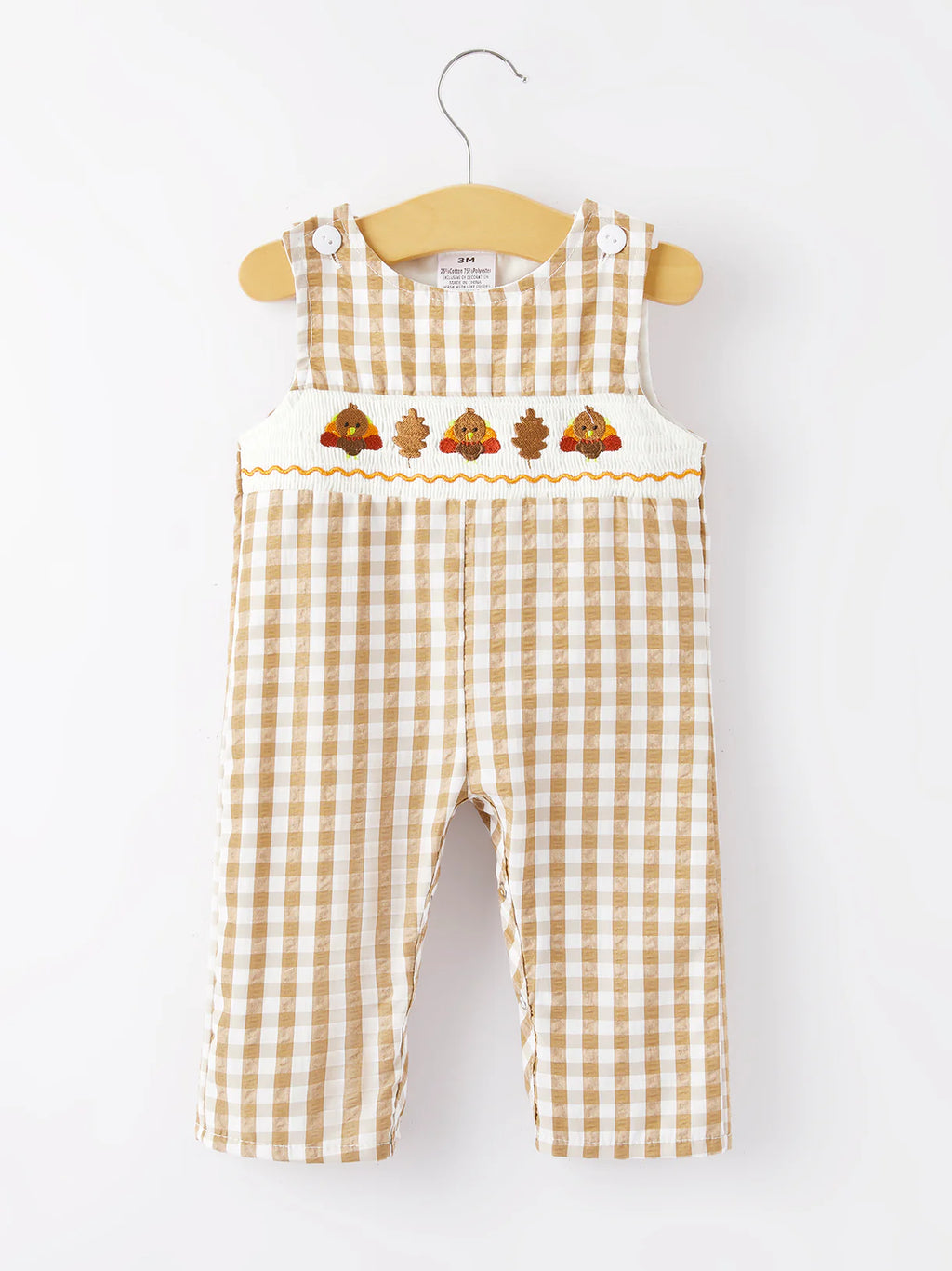 Boys Thanksgiving Smocking Embroidered Brown Plaid Romper