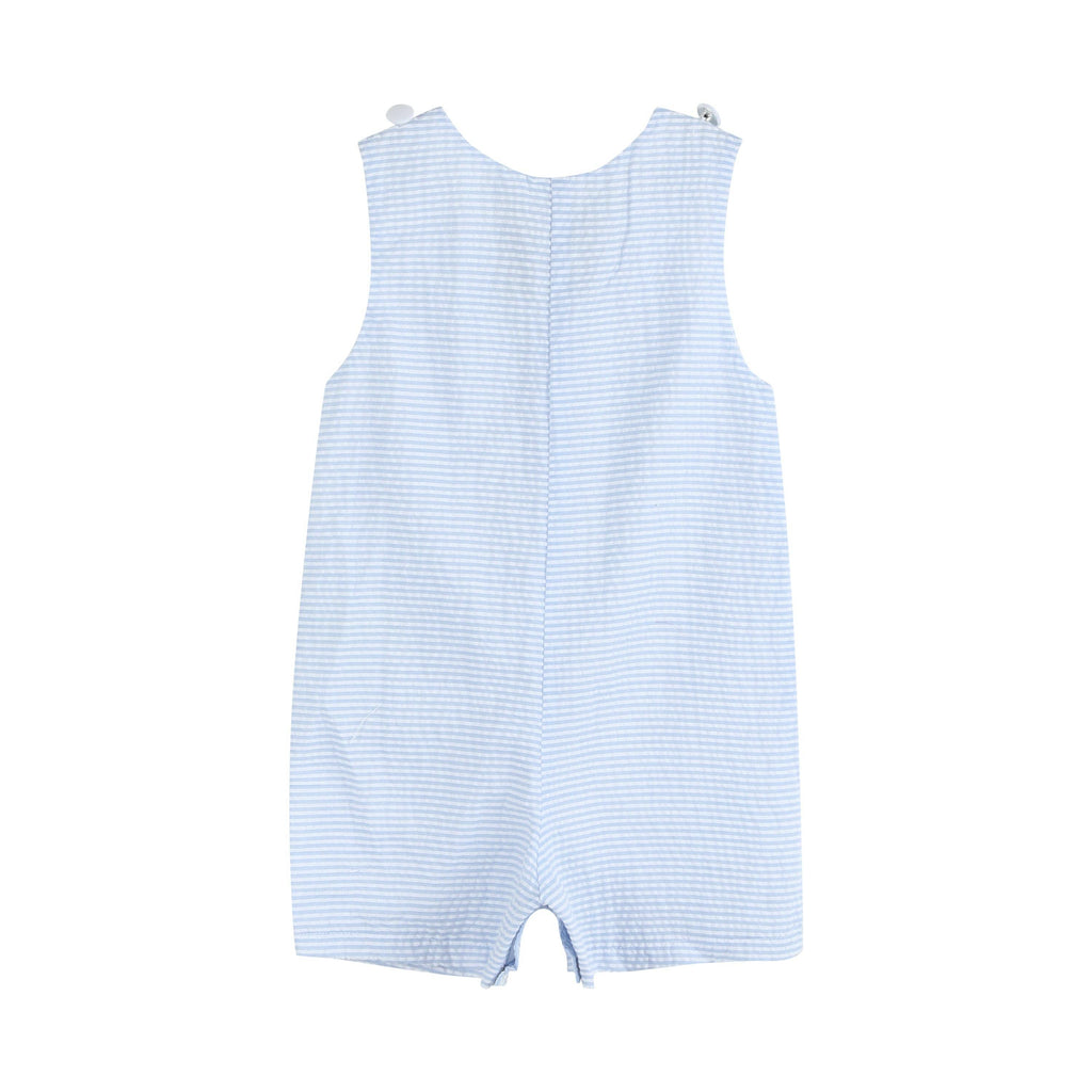 Light Blue Seersucker Pom Pom Bunny Shortalls