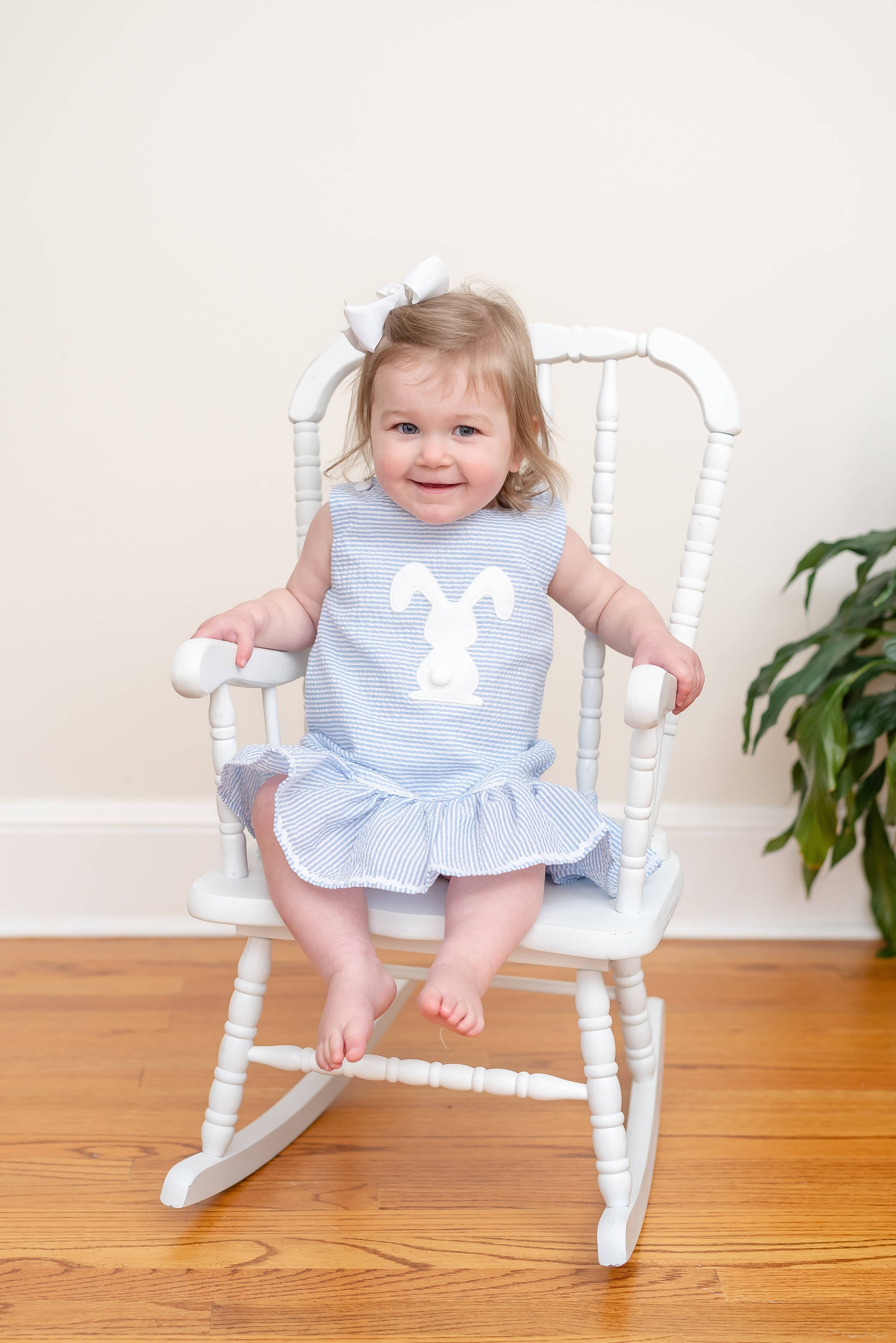 Light Blue Seersucker Pom Pom Bunny Swing Dress