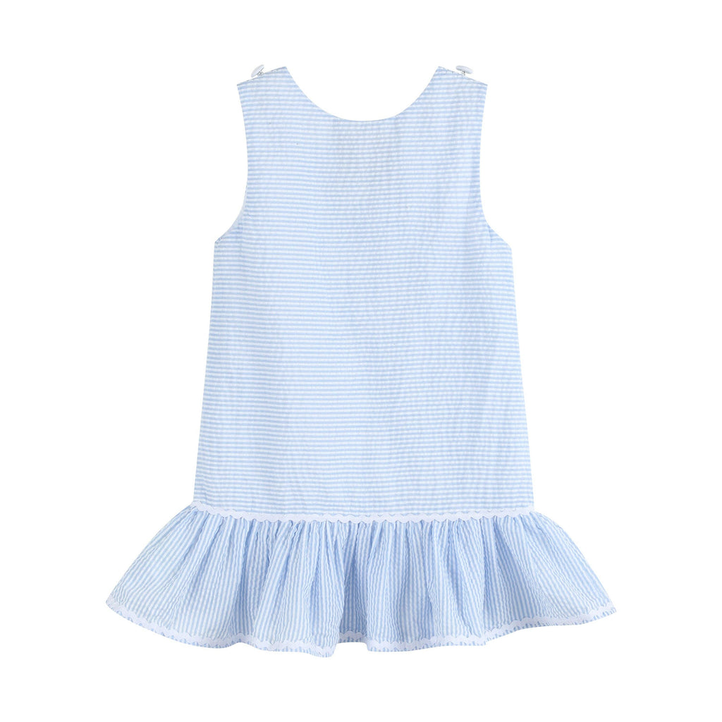 Light Blue Seersucker Pom Pom Bunny Swing Dress