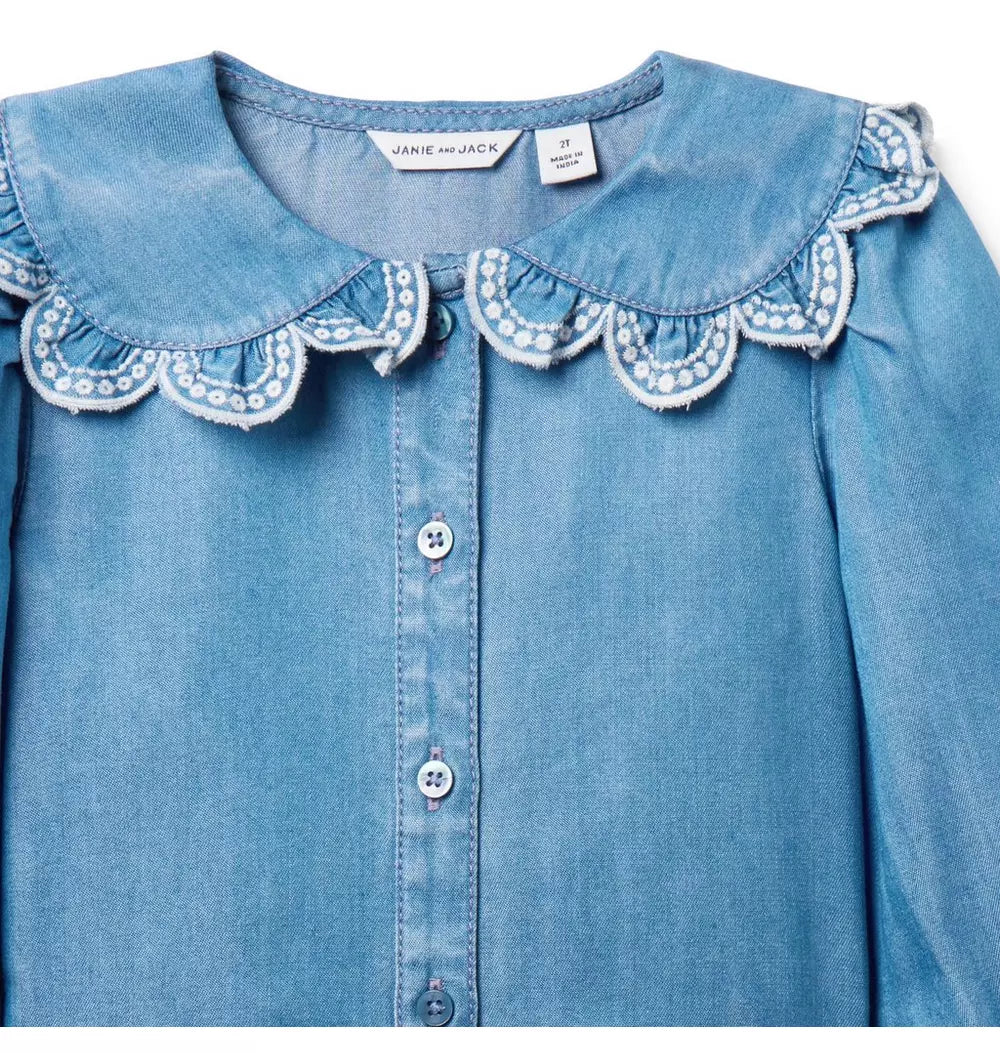 Girls Chambray Scalloped Collar Top