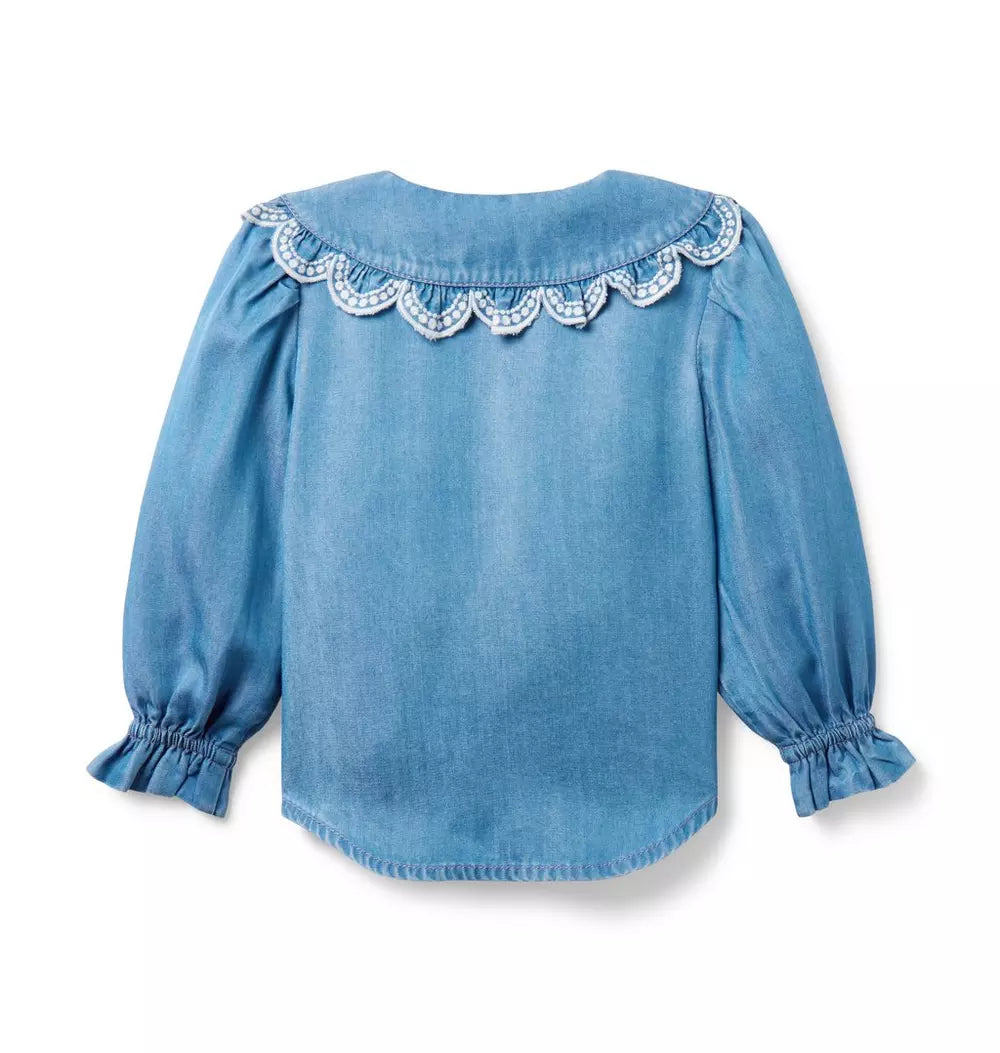Girls Chambray Scalloped Collar Top