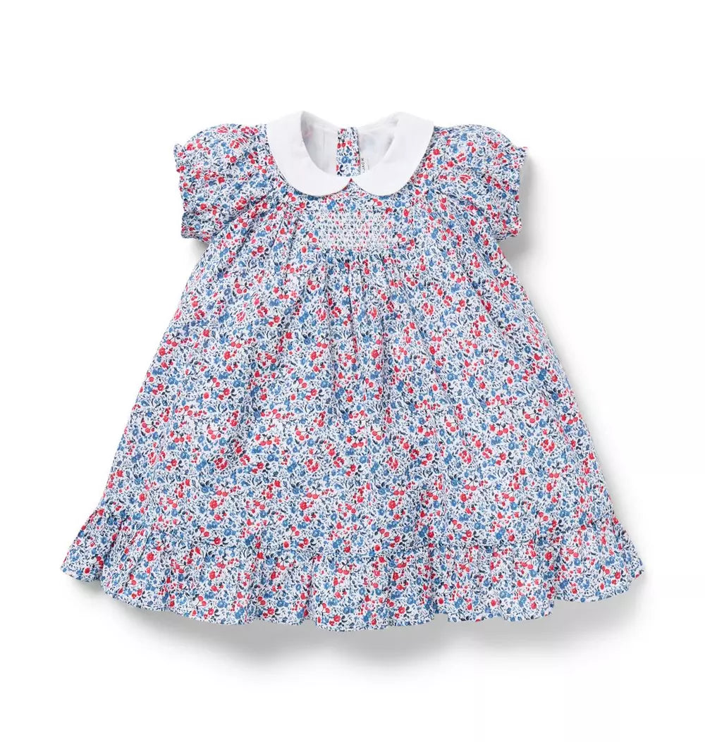 Baby Girl Red, White & Blue Ditsy Floral Collared Dress