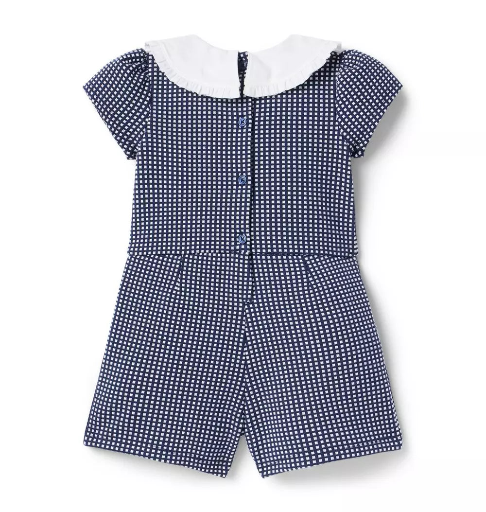 Girls Navy Blue Gingham Jacquard Romper