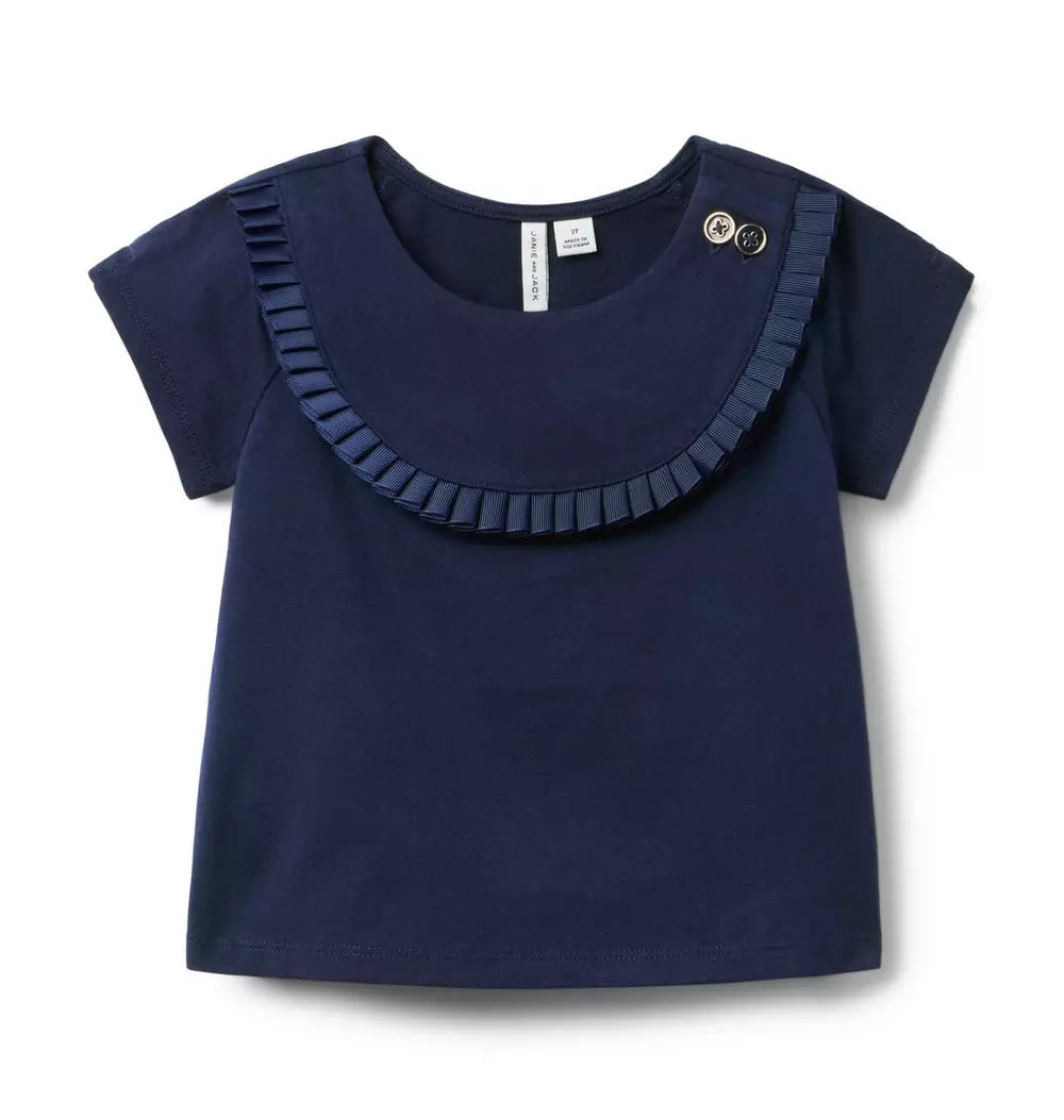 Girls Navy Pleated Trim Top