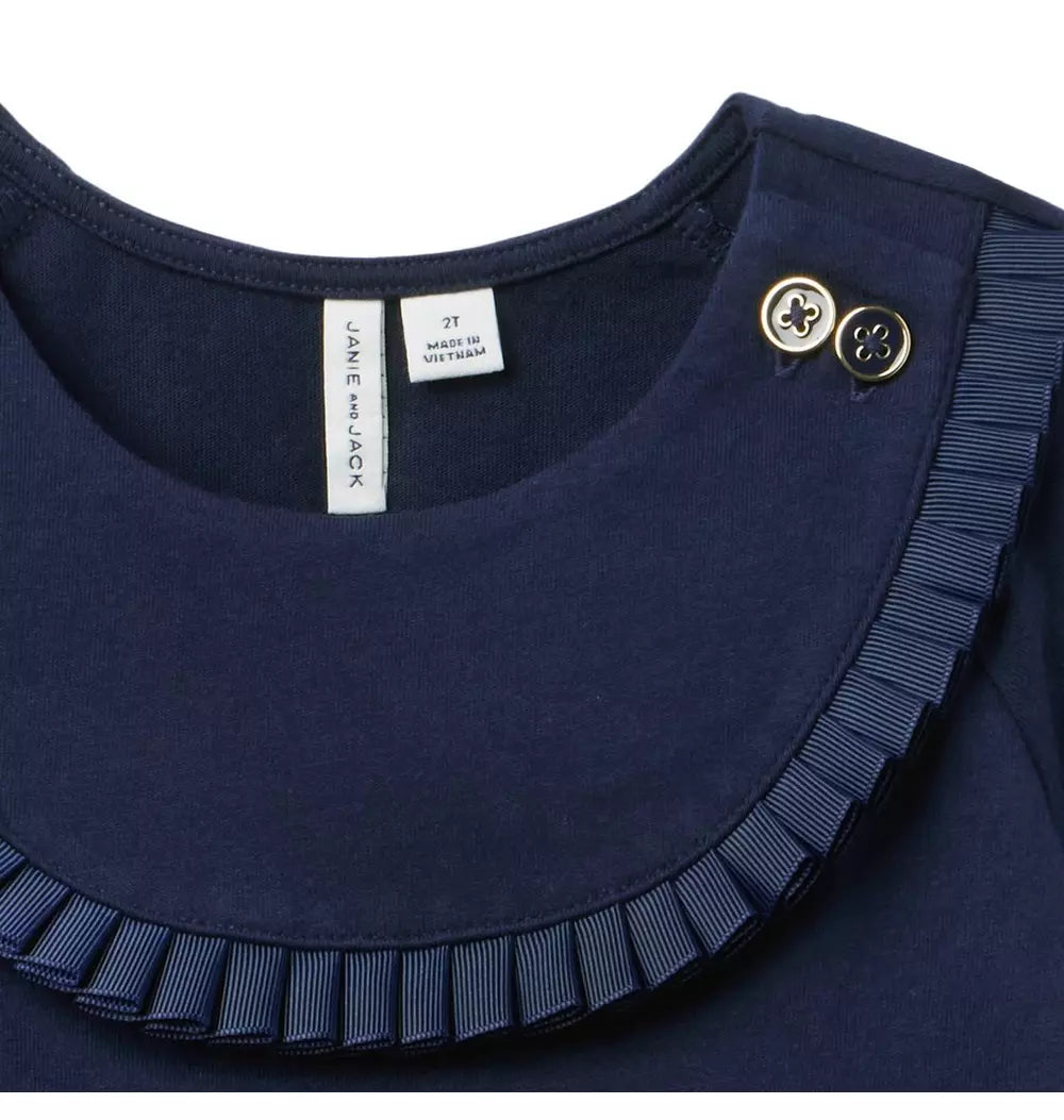 Girls Navy Pleated Trim Top