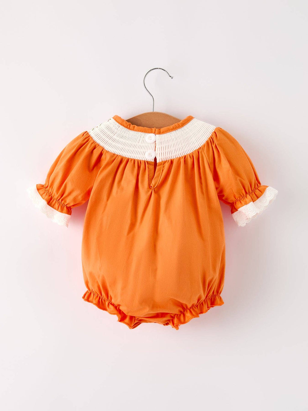 Fall Thanksgiving&Halloween Orange Pumpkin Smock Embroidery Lace Baby Girl Romper