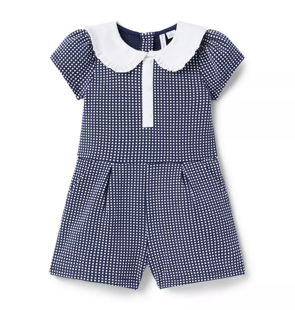 Girls Navy Blue Gingham Jacquard Romper